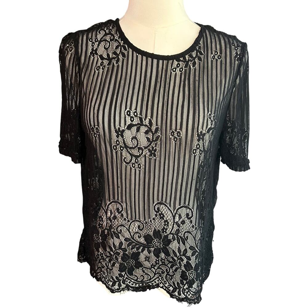 Haute Monde Blouse Womens M Sheer Floral Embossed Sleeve Fray Hem Black Whimsey